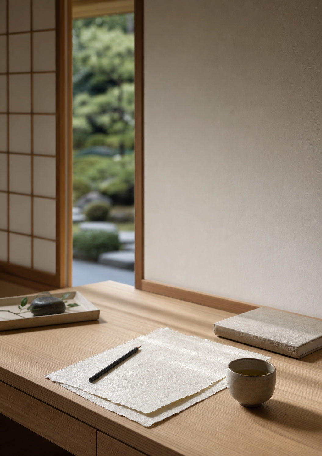 Writing desk with paper and tea in a quiet Japanese room, for wording a wedding website invitation