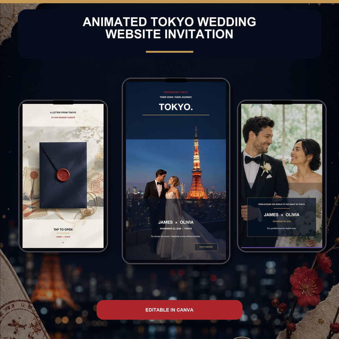 TOKYO Urban Wedding website invitation template shown on three phone screens