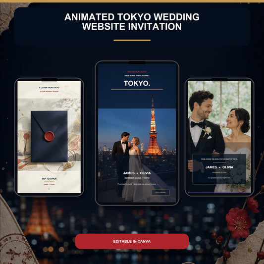 TOKYO Urban Wedding website invitation template shown on three phone screens